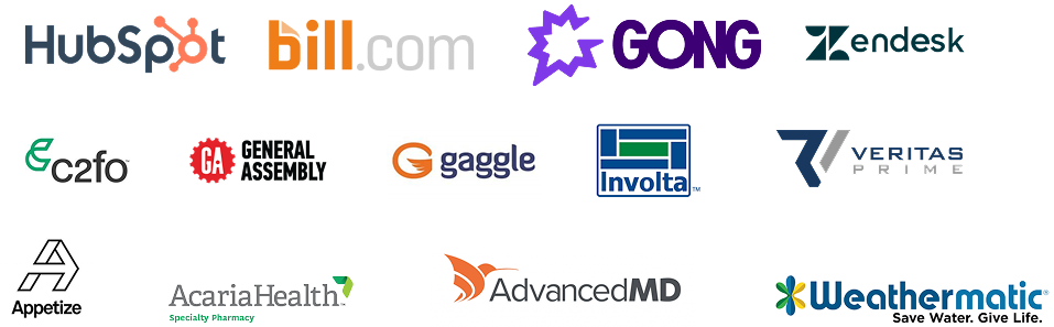 HubSpot, bill.com, Gong, Zendesk, C2FO, General Assembly, Gaggle, Involta, VeritasPrime, Appetize, AcariaHealth, AdvancedMD, Weathermatic